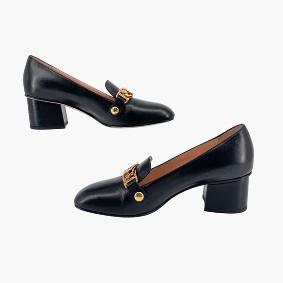 Gucci Sylvie Black Leather Chain Web Stripe Block Heel Pumps Shoes Size 37 US 7 - Picture 11 of 15